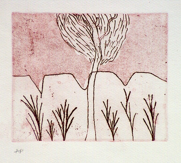 Artist: b'Dougal, Martin.' | Title: b'(Hills and trees)' | Date: 1986 | Technique: b'etching and aquatint, printed in red ink, from one plate'