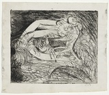 Artist: BOYD, Arthur | Title: Figure with eyes grasping small ram. | Date: (1962-63) | Technique: etching, printed in black ink, from one plate | Copyright: Reproduced with permission of Bundanon Trust
