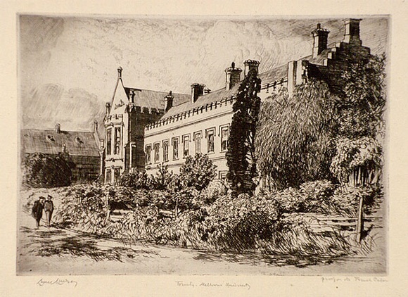 Artist: b'LINDSAY, Lionel' | Title: b'Trinity College, Melbourne University' | Date: 1914 | Technique: b'etching and foul biting, printed in black ink, from one plate' | Copyright: b'Courtesy of the National Library of Australia'