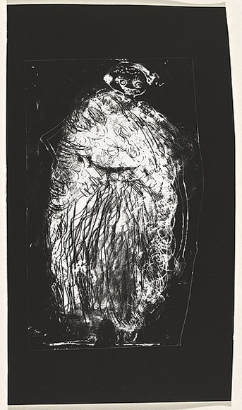 Title: b'not titled [full-length portrait of long-limbed creature]' | Date: c.1993 | Technique: b'clich\xc3\xa9-verre, printed in black, from hand-drawn negative'