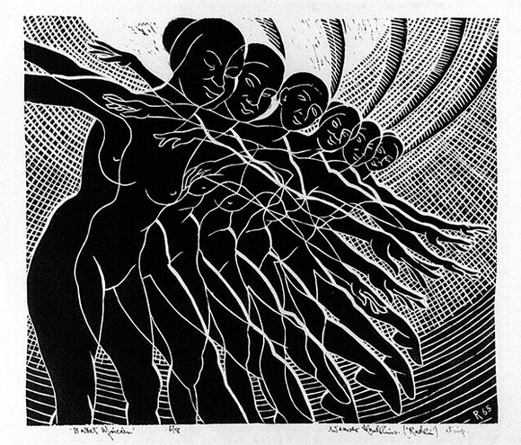 Artist: b'Hawkins, Weaver.' | Title: b'Ballet African' | Date: 1965 | Technique: b'linocut, printed in black ink, from one block' | Copyright: b'The Estate of H.F Weaver Hawkins'