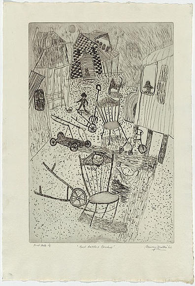 Artist: b'WALKER, Murray' | Title: b'Bush battlers paradise.' | Date: 1966 | Technique: b'etching and aquatint, printed in black ink, from one plate'