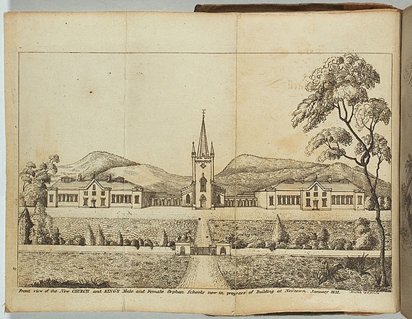 Title: Front view of the new church and King's male and female orphan schools now in progress of building at Newtown, January 1831. | Date: 1831 | Technique: etching, printed in black ink, from one plate