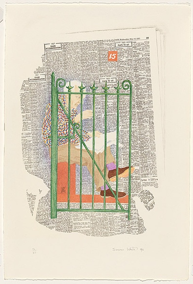 Artist: b'White, Susan Dorothea.' | Title: b'To let/ the diabetic (evicted from The Rocks)' | Date: 1990 | Technique: b'lithograph, printed in colour, from one stone'