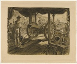 Artist: b'Dyson, Will.' | Title: b'Ordinance workshops, Cambrai Road.' | Date: 1918 | Technique: b'lithograph, printed in colour, from two stones (black and green)'