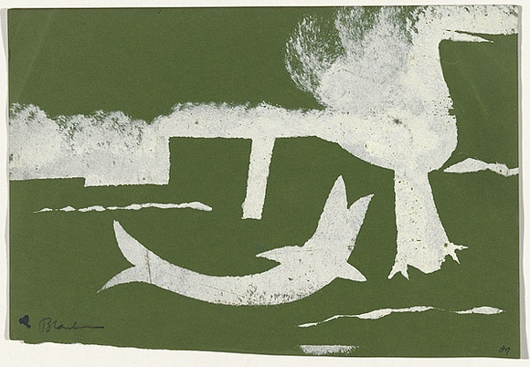 Artist: b'Blackman, Charles.' | Title: b'not titled [Jumping fish].' | Date: c.1952 | Technique: b'screenprint, printed in white ink, from one stencil'