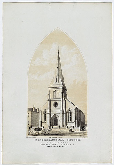 Artist: b'PHILIP, James B.' | Title: b'Congregational Church, Davey Street, Hobart Town, Tasmania.' | Date: c.1854 | Technique: b'lithograph, printed in colour, from two stones'