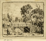Artist: Farmer, John. | Title: The little bridge over dry creek-bed on Bruny Island, Tasmania. | Date: c.1960 | Technique: etching, printed in brown ink, from one plate