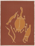 Artist: Bulunbulun, Johnny. | Title: Long-necked tortoise, spirit hunter, serpents and prawn | Date: 1979 | Technique: screenprint, printed in colour, from multiple stencils | Copyright: © Johnny Bulunbulun. Licensed by VISCOPY, Australia