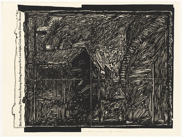 Artist: b'ARNOLD, Raymond' | Title: b'Black factory. [left panel]' | Date: 1987 | Technique: b'screenprint, printed in colour, from multiple stencils'