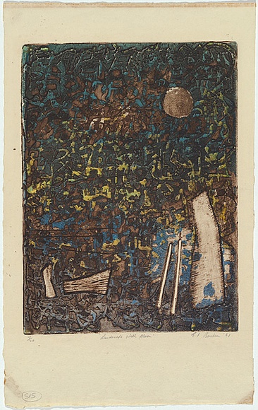 Artist: b'Backen, Earle.' | Title: b'Landscape with moon' | Date: c.1960 | Technique: b'deep etch, printed in intaglio and relief in colour, from one plate'