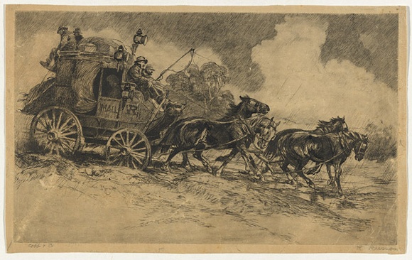 Artist: b'RUSSOM, Reg' | Title: b'Cobb and Co' | Date: c.1937 | Technique: b'etching, printed in black ink, from one plate; ink addition'