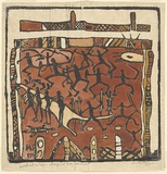 Artist: b'PRESTON, Margaret' | Title: b'Aboriginal bark ornament.' | Date: 1940 | Technique: b'woodcut, printed in black ink, from one block; hand-coloured' | Copyright: b'\xc2\xa9 Margaret Preston. Licensed by VISCOPY, Australia'