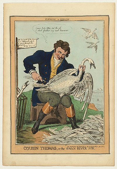 Title: b'Cousin Thomas, or the Swan River job' | Date: June 1829 | Technique: b'etching, printed in black ink, from one plate; hand-coloured'