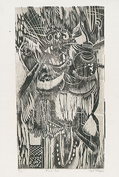 Artist: b'MEYER, Bill' | Title: b'Forest face' | Date: 1968 | Technique: b'woodcut, printed in colour, from two blocks' | Copyright: b'\xc2\xa9 Bill Meyer'