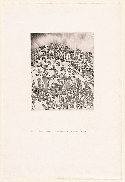 Artist: b'Shead, Garry.' | Title: b'Funeral at Lockhart River' | Date: 1998, September | Technique: b'sugarlift, printed dark brown ink, from one plate' | Copyright: b'\xc2\xa9 Garry Shead'