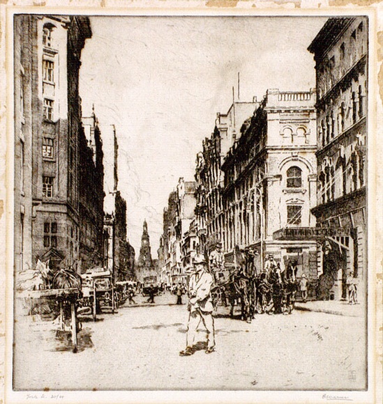 Artist: b'Warner, Alfred Edward.' | Title: b'York Street, Sydney' | Date: 1922 | Technique: b'etching, printed in warm black ink with plate-tone, from one plate'