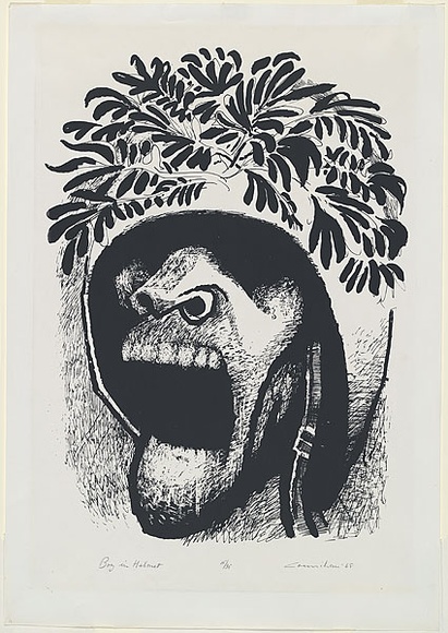 Artist: b'Counihan, Noel.' | Title: b'Boy in helmet.' | Date: 1968 | Technique: b'screenprint, printed in black ink, from one photo-stencil'