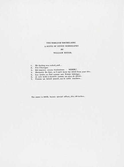 Artist: b'MEYER, Bill' | Title: b'Baudelaire portfolio; title sheet.' | Date: 1970 | Technique: b'screenprint, printed in black ink, from one (letraset) photo screen' | Copyright: b'\xc2\xa9 Bill Meyer'