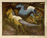 Artist: b'Higgs, Florence.' | Title: b'Two horses' | Date: 1955 | Technique: b'linocut, printed in colour, from four blocks'
