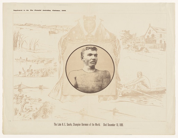 Artist: b'V., A.J.' | Title: b'The late H E Searle, Champion oarsman of the world.' | Date: 1889 | Technique: b'lithograph and photo-lithograph, printed in colour, from two stones'