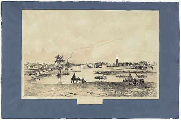 Title: bPrince's Bridge. From south side of Yarra | Date: 1853 | Technique: b'lithograph, printed in colour, from two stones; with blue paint (on borders)'