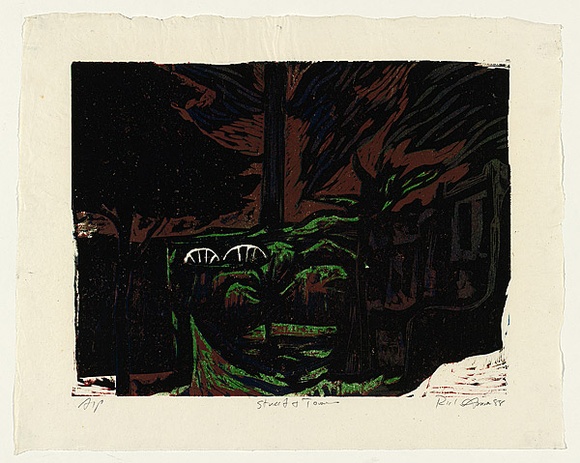 Artist: b'AMOR, Rick' | Title: b'Street and town.' | Date: 1988 | Technique: b'woodcut, printed in colour, from four blocks'