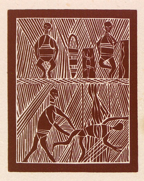 Artist: b'Manydjarri, Wilson.' | Title: b'Wurrapari and Gjandi' | Date: 1971 | Technique: b'linocut, printed in red-brown ink, from one block'
