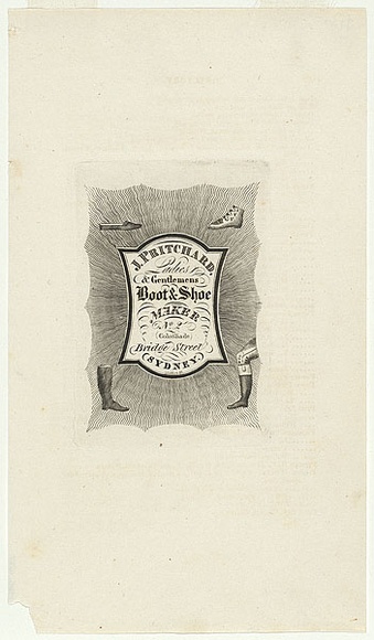 Artist: b'Moffitt, William.' | Title: b'J. Pritchard. Ladies & Gentlemens boot & shoe maker. [trade card]' | Date: c.1836 | Technique: b'engraving, printed in black ink, from one copper plate'