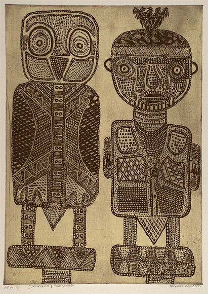 Artist: MUNGATOPI, Maryanne | Title: Jurrukukuni and Malakaninga | Date: 1999, February | Technique: etching, printed in black ink, from one plate