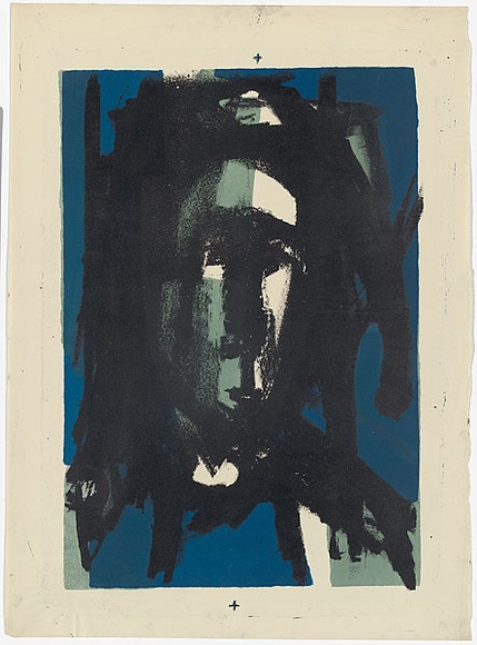 Artist: b'MADDOCK, Bea' | Title: b'Jester' | Date: 1961 | Technique: b'lithograph, printed in blue, green and black inks, from three stones'