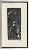 Artist: AMOR, Rick | Title: Not titled (man cowering before raven). | Date: 1990 | Technique: woodcut, printed in black ink, from one block