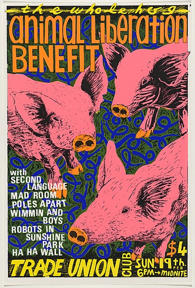 Artist: b'WORSTEAD, Paul' | Title: b'Animal Liberation Benefit' | Date: 1984 | Technique: b'screenprint, printed in colour, from four stencils' | Copyright: b'This work appears on screen courtesy of the artist'