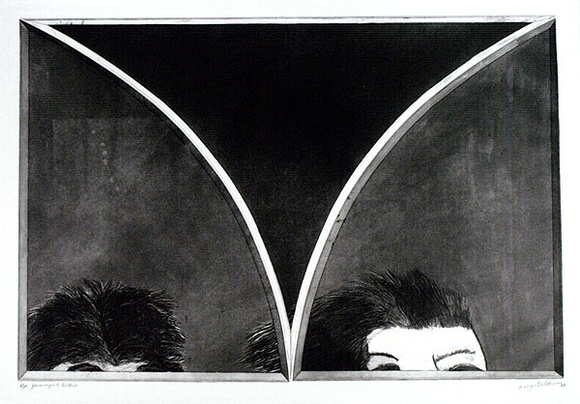 Artist: b'BALDESSIN, George' | Title: b'Personages and gothic I.' | Date: 1969 | Technique: b'etching and aquatint, printed in black ink, from three shaped plates'