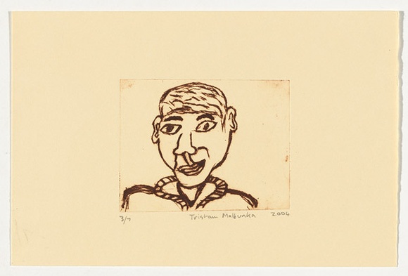 Artist: b'Malbunka, Tristam.' | Title: bnot titled [man's head and shoulders] | Date: 2004 | Technique: b'drypoint etching, printed in brown ink, from one perspex plate'