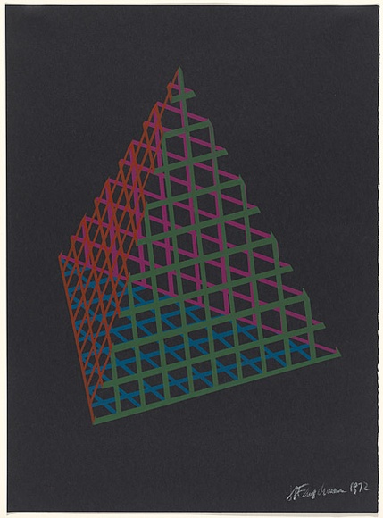 Artist: b'Flugelman, Bert.' | Title: b'(Pyramid in mesh).' | Date: 1972 | Technique: b'screenprint, printed in colour, from four stencil' | Copyright: b'\xc2\xa9 Bert Flugelman'