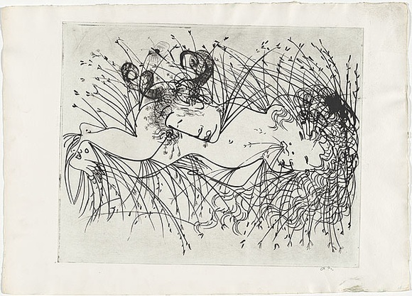 Artist: b'BOYD, Arthur' | Title: bFigure and ram's head in a cornfield. | Date: (1968-69) | Technique: b'etching, printed in black ink, from one plate' | Copyright: b'Reproduced with permission of Bundanon Trust'