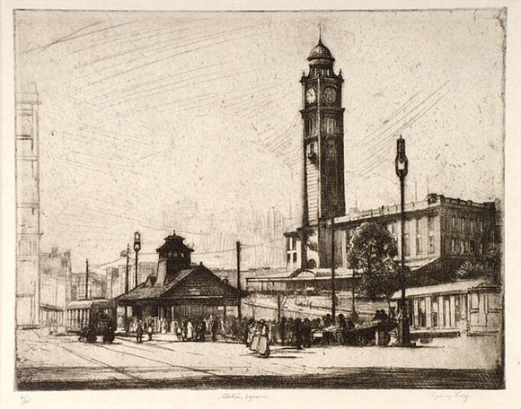 Artist: LONG, Sydney | Title: Station Square [1] | Date: 1927 | Technique: line-etching, drypoint printed in brown ink, from one copper plate | Copyright: Reproduced with the kind permission of the Ophthalmic Research Institute of Australia