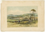 Artist: PROUT, John Skinner | Title: Residence of the Aborigines, Flinders Island. | Date: 1846 | Technique: lithograph, printed in colour, from two stones; additional hand-colouring