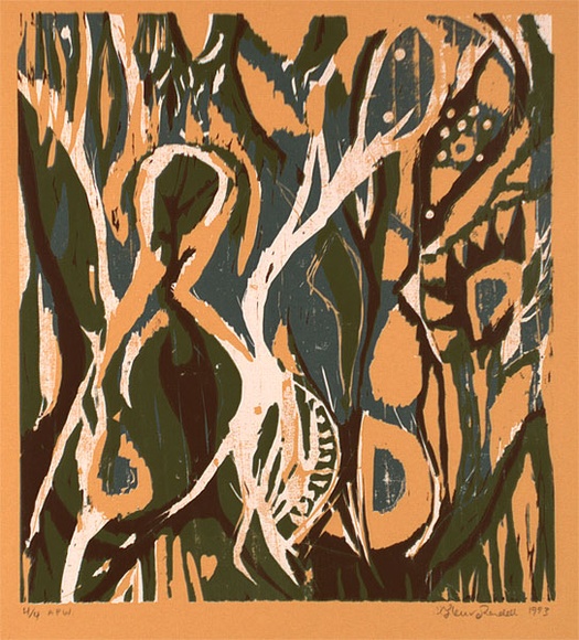 Artist: Randell, Fleur. | Title: not titled [plant and human forms] | Date: 1993 | Technique: woodcut, printed in red, white, green and brown ink, from four blocks