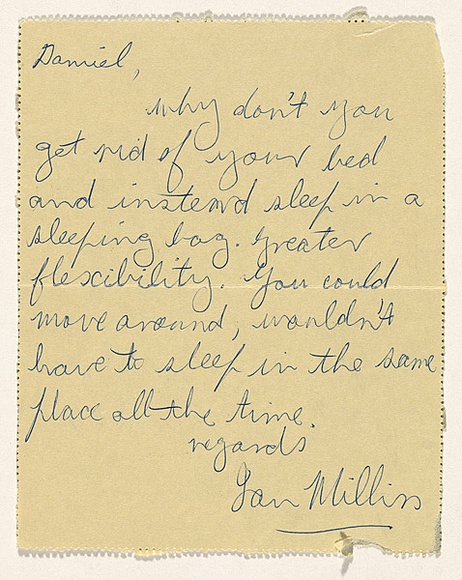 Artist: b'MILLISS, Ian' | Title: b'(Lettercard to Daniel Thomas suggesting he use a sleeping bag)' | Date: c.1971 | Technique: b'blue ballpoint pen on addressed, stamped and franked lettercard'