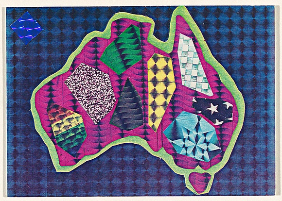 Artist: b'McDiarmid, David.' | Title: b'Postcard (Australia on dark blue background)' | Date: 1985 | Technique: b'screenprint, printed in colour, from multiple stencils; collage' | Copyright: b'Courtesy of copyright owner, Merlene Gibson (sister)'