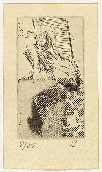 Title: b'Ockerby Christmas card with falling figure' | Date: 1974 | Technique: b'photo-etching, line-etching and burnishing-out, printed black ink, from one zinc plate'