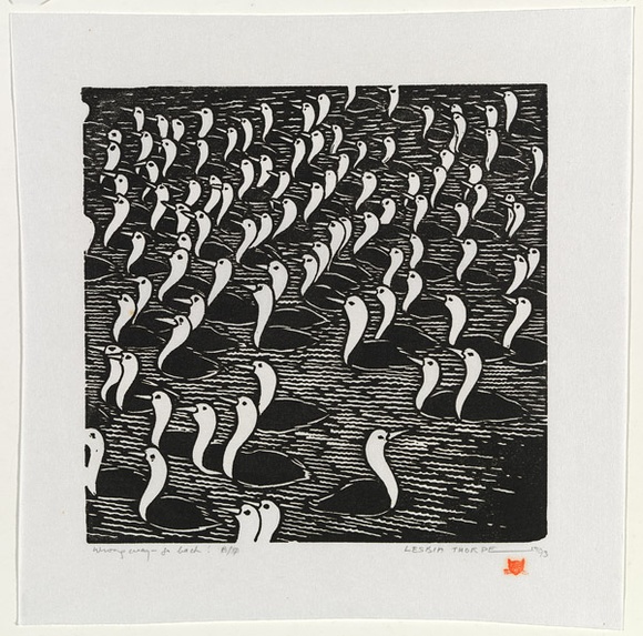 Artist: b'Thorpe, Lesbia.' | Title: b'Wrong way - go back!' | Date: 1993 | Technique: b'linocut, printed in black ink, from one block'