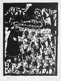 Artist: Allen, Joyce. | Title: (Meeting in the Grove with Wizard Agonis). | Date: 1987 | Technique: linocut, printed in black ink, from one block