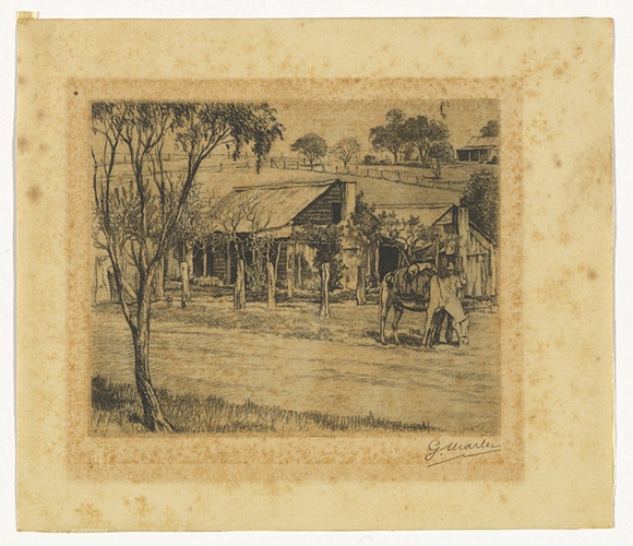 Artist: b'MARLER, G.' | Title: b'(Drover grazing horse by a cottage)' | Date: c.1930 | Technique: b'etching, printed in black ink, from one plate'