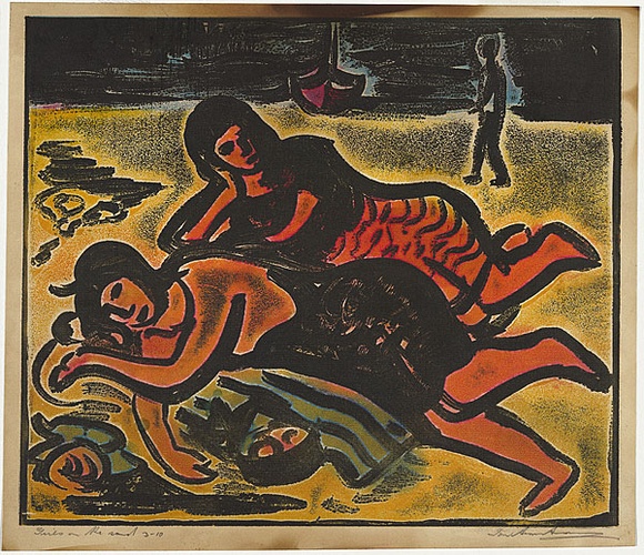 Artist: b'Armstrong, Ian.' | Title: b'Girls on the sand.' | Date: c.1956 | Technique: b'relief-etching, printed in colour, from one plate'