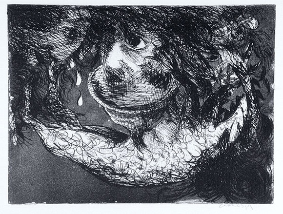 Artist: b'BOYD, Arthur' | Title: b'Head in a cup with crying head.' | Date: 1962-63 | Technique: b'etching and aquatint, printed in black ink, from one plate' | Copyright: b'Reproduced with permission of Bundanon Trust'