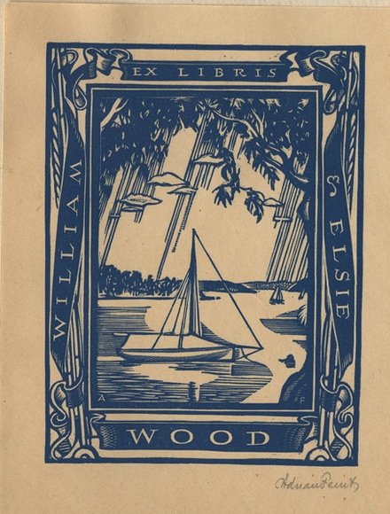 Artist: b'FEINT, Adrian' | Title: b'Bookplate: William & Elsie Wood.' | Date: (1937) | Technique: b'wood-engraving, printed in blue ink, from one block' | Copyright: b'Courtesy the Estate of Adrian Feint'