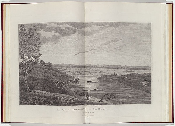 Artist: b'Wallis, James.' | Title: b'A view of Hawkesbury and the Blue Mountains. New South Wales.' | Date: 1821 | Technique: b'engraving, printed in black ink, from one copper plate'